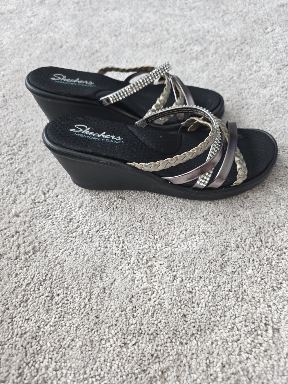 Skechers Women's Black and Silver Wedge Sandals
